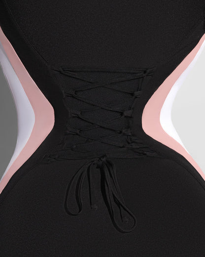 Close up of back lacing on Sleeveless Surfy Boy Shortie - Contour Black/Rose/White