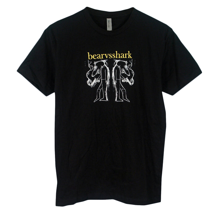 Black t-shirt by bearvsshark with “bearvsshark” in yellow above a white mirrored line drawing of a bear and shark standing back to back. Ideal for fans of distinctive graphic apparel.