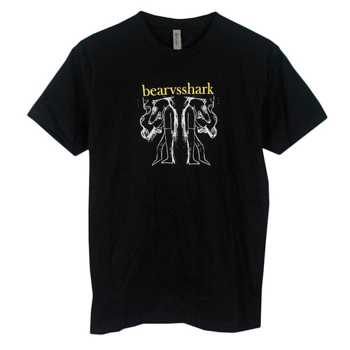 Black t-shirt by bearvsshark with “bearvsshark” in yellow above a white mirrored line drawing of a bear and shark standing back to back. Ideal for fans of distinctive graphic apparel.