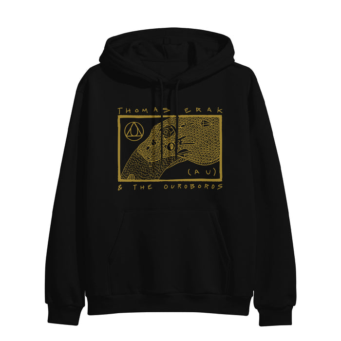 A black hoodie has a sketch of a yellow colored ouroboros in a yellow frame with the words "Thomas Erak & The Ouroboros" around it.