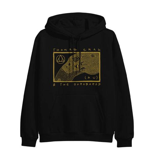 A black hoodie has a sketch of a yellow colored ouroboros in a yellow frame with the words "Thomas Erak & The Ouroboros" around it.