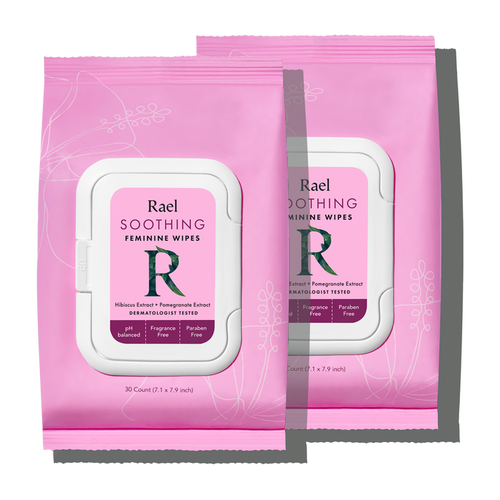 Two pink packages of Rael Soothing Feminine Wipes with resealable caps, featuring product information and branding.