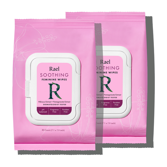 Two pink packages of Rael Soothing Feminine Wipes with resealable caps, featuring product information and branding.