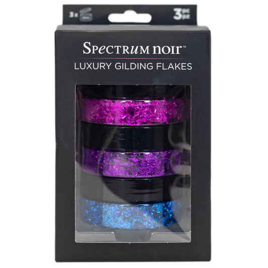 Spectrum Noir - Luxury Gilding Flakes 50ml - 3/Pkg - Carnival. Get ready to glow with Spectrum Noir Luxury Gilding Flakes! Each flake is packed with high shine and rich, opulent color to give your creations a luxurious, metallic lift. Available at Embellish Away located in Bowmanville Ontario Canada.