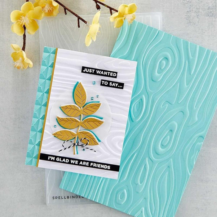 Spellbinders - 3D Embossing Folder - Knock On Wood. This has an intense wood grain designs. Texturize a surface of various card sizes from A2 to a Slimline. For detailed impression, lightly mist the cardstock on both sides with water before embossing. Available at Embellish Away located in Bowmanville Ontario Canada Card example by brand ambassador.