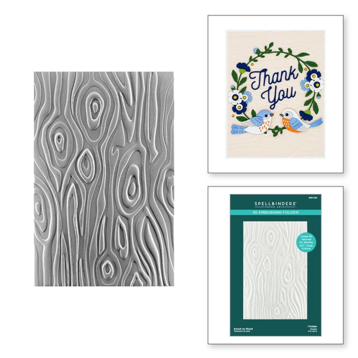 Spellbinders - 3D Embossing Folder - Knock On Wood. This has an intense wood grain designs. Texturize a surface of various card sizes from A2 to a Slimline. For detailed impression, lightly mist the cardstock on both sides with water before embossing. Available at Embellish Away located in Bowmanville Ontario Canada