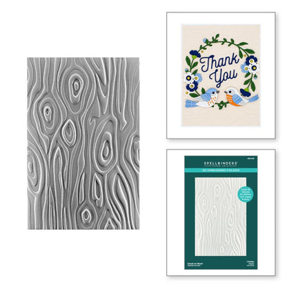 Spellbinders - 3D Embossing Folder - Knock On Wood. This has an intense wood grain designs. Texturize a surface of various card sizes from A2 to a Slimline. For detailed impression, lightly mist the cardstock on both sides with water before embossing. Available at Embellish Away located in Bowmanville Ontario Canada