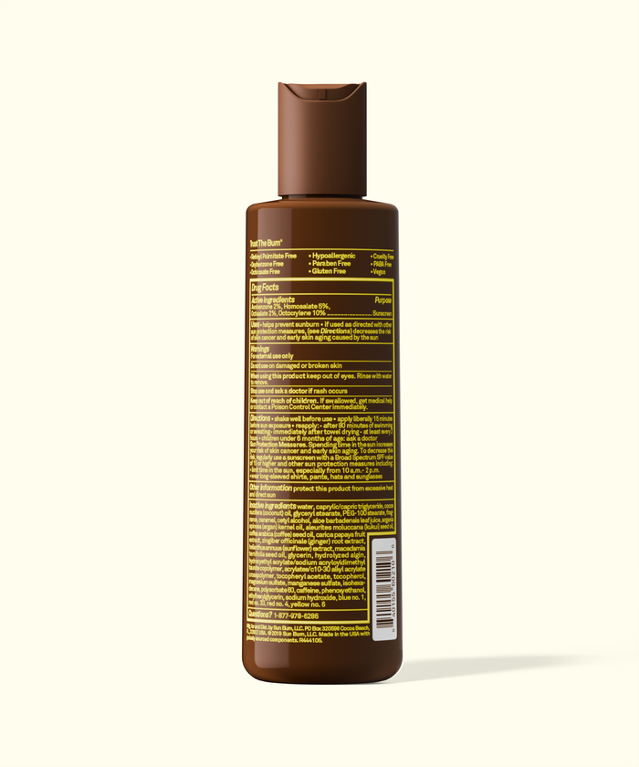 Back of Sun Bum SPF 15 Sunscreen Browning Lotion bottle displaying ingredients and usage instructions.