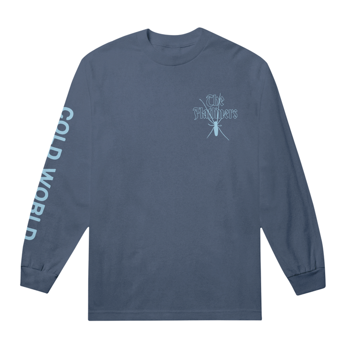 A blue Comfort Colors long-sleeve t-shirt by The Flatliners, featuring The Fighters with crossed swords on the chest and bold white COLD WORLD lettering down the right sleeve.