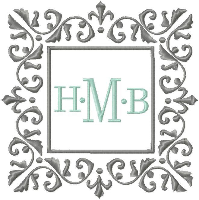 Square Damask Monogram Frame Machine Embroidery Design