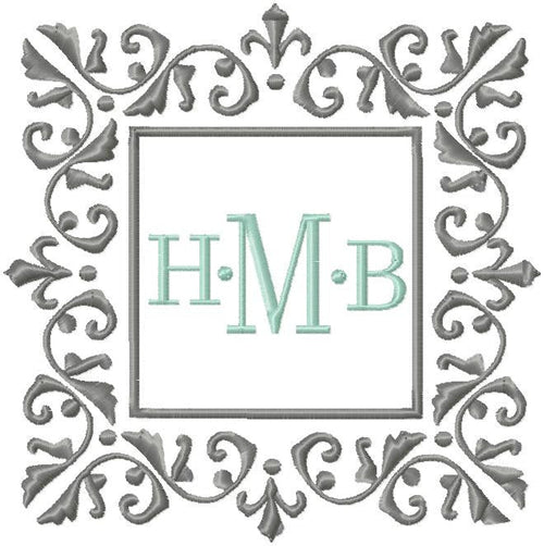 Square Damask Monogram Frame Machine Embroidery Design