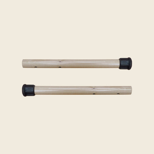 Pair of wooden Gratz Pilates insert handles with black rubber end caps for mats.