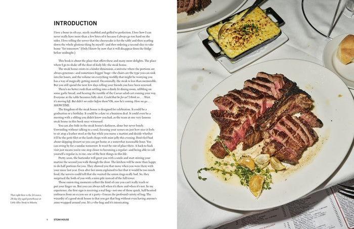 Open cookbook spread with grilled steak slices on a white plate