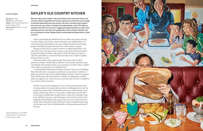 Open cookbook spread with a person holding a large bread loaf at a meal