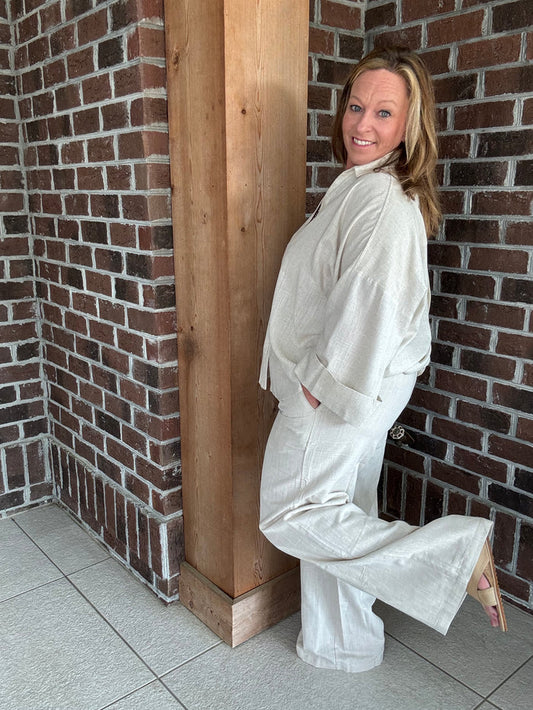 Stitch & Co Oatmeal Linen Wide Leg Pants