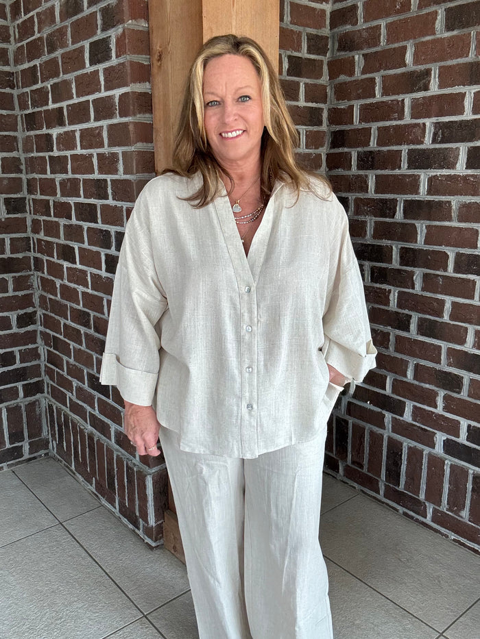 Stitch & Co Oatmeal Linen Wide Leg Pants
