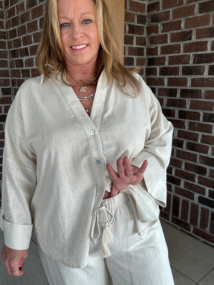 Stitch & Co Oatmeal Linen Wide Leg Pants