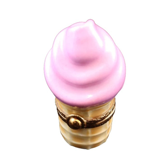 Ice Cream Cone: Strawberry Porcelain Limoges Dessert Carnival French Trinket Box