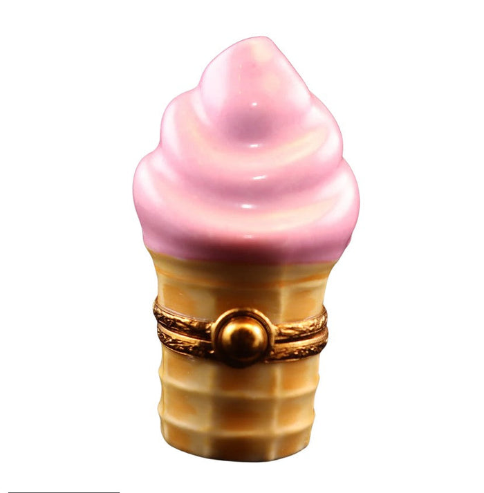 Ice Cream Cone: Strawberry Porcelain Limoges Dessert Carnival French Trinket Box