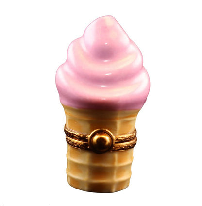 Ice Cream Cone: Strawberry Porcelain Limoges Dessert Carnival French Trinket Box