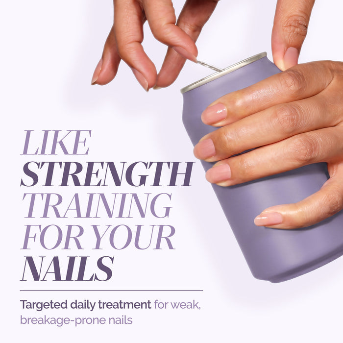 Manicured hands open a can, while text highlights LONDONTOWN's Strengthening Nail Cream—a targeted daily treatment designed to fortify weak, breakage-prone nails. It's like strength training for your nails.