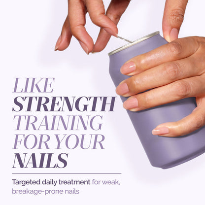 Manicured hands open a can, while text highlights LONDONTOWN's Strengthening Nail Cream—a targeted daily treatment designed to fortify weak, breakage-prone nails. It's like strength training for your nails.