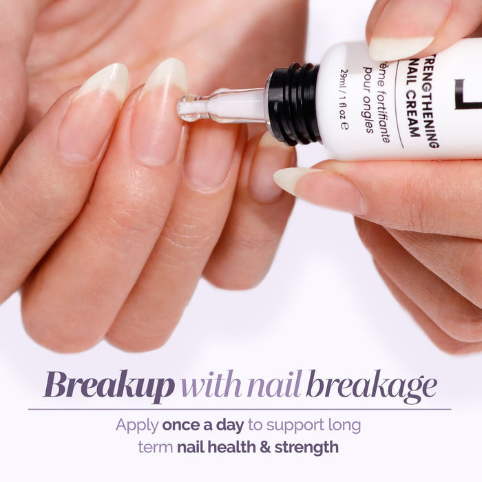 A person applies LONDONTOWN Strengthening Nail Cream daily to their fingernails with a dropper to help prevent nail breakage and improve long-term nail health and strength.