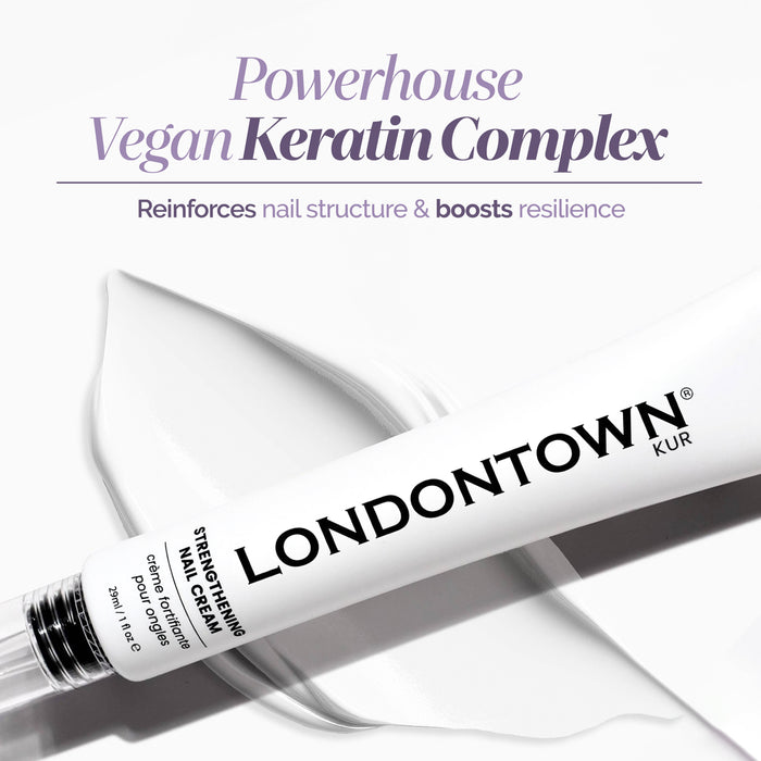 A tube of LONDONTOWN Strengthening Nail Cream is displayed on a white background, featuring text that showcases its potent vegan keratin complex for enhanced nail strength and resilience. This nourishing cream is formulated to promote healthier nails with regular use.