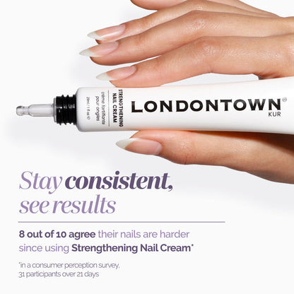 A hand applies LONDONTOWN Strengthening Nail Cream, while text on screen notes that 8 out of 10 users report harder nails after using the product.