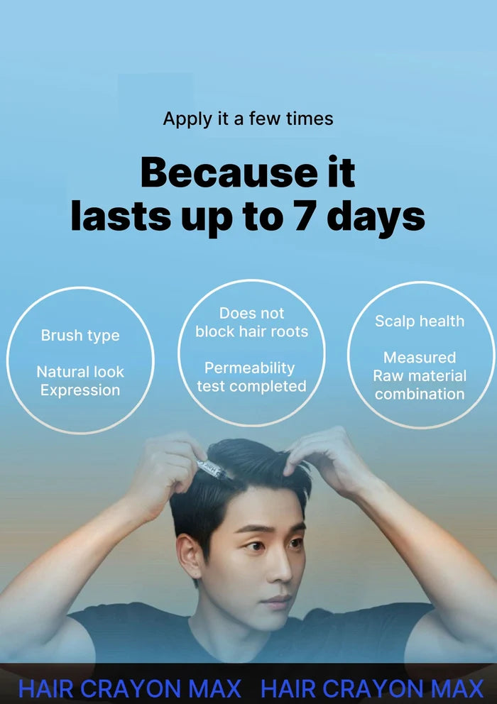 Person applying hair crayon with text on a blue background