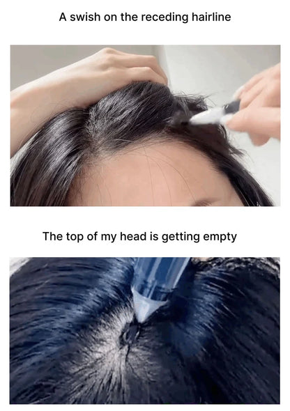 Person applying hair product to receding hairline with text 'A swish on the receding hairline' and 'The top of my head is getting empty'.