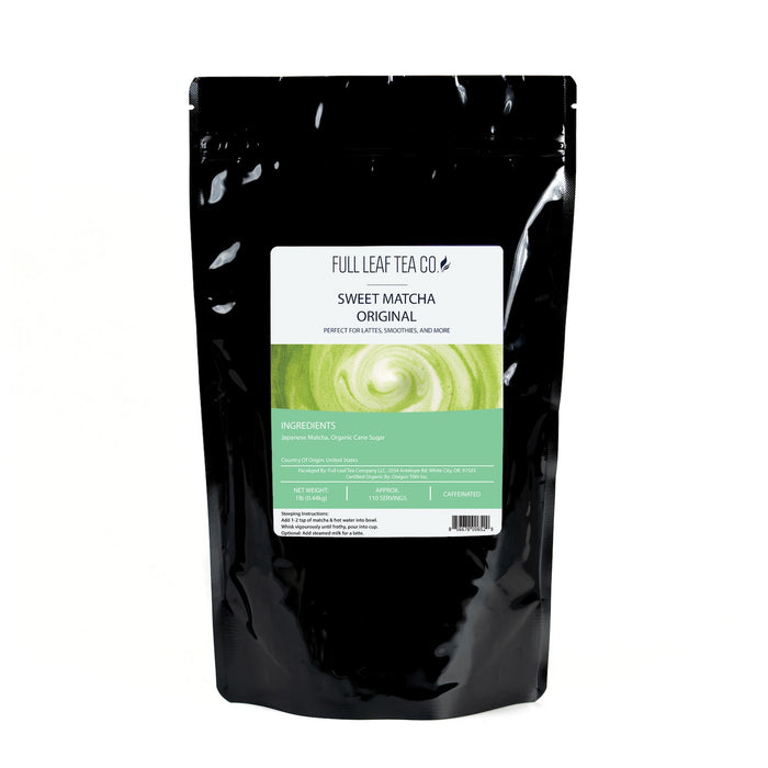 A 1 pound bag of Full Leaf Tea Company Sweet Matcha Original.