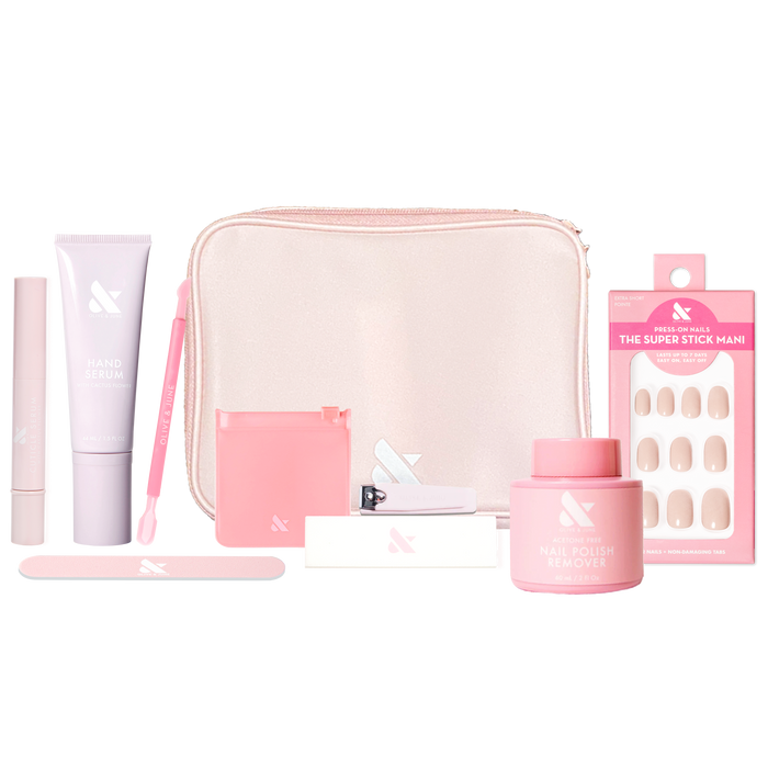 Tab Press-On System - 4 Sets with manicure tools, press-on nails, remover, hand serum, and carrying case in soft pink tones