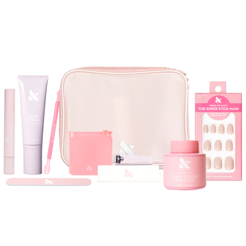 Tab Press-On System - 4 Sets with manicure tools, press-on nails, remover, hand serum, and carrying case in soft pink tones