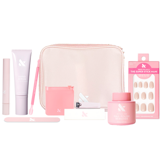 Tab Press-On System - 4 Sets with manicure tools, press-on nails, remover, hand serum, and carrying case in soft pink tones