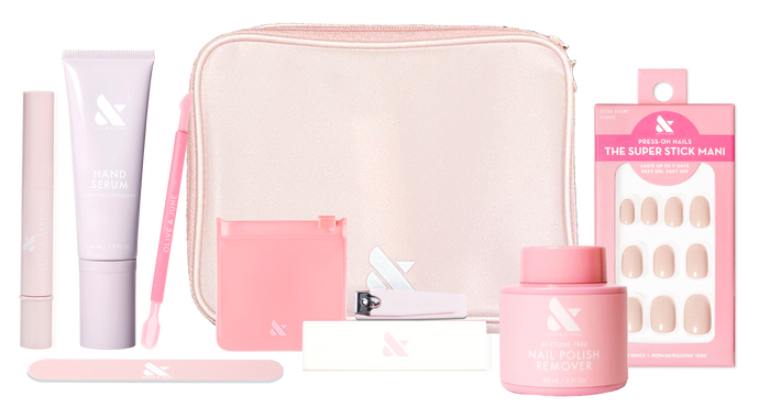 Tab Press-On System - 4 Sets with manicure tools, hand serum, nail polish remover, press-on nails, and pink carrying case