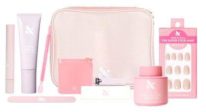 Tab Press-On System - 4 Sets with manicure tools, hand serum, nail polish remover, press-on nails, and pink carrying case