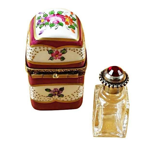 Burgundy Tall with Flowers & Bottle limoges box Porcelain Limoges French Trinket Box