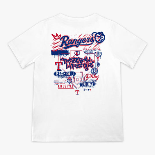 Youth graphic tee with “Texas Rangers Drip” design — back view