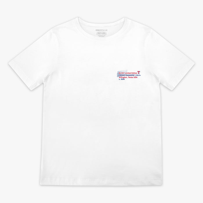 Youth graphic tee with “Texas Rangers Drip” design — front view