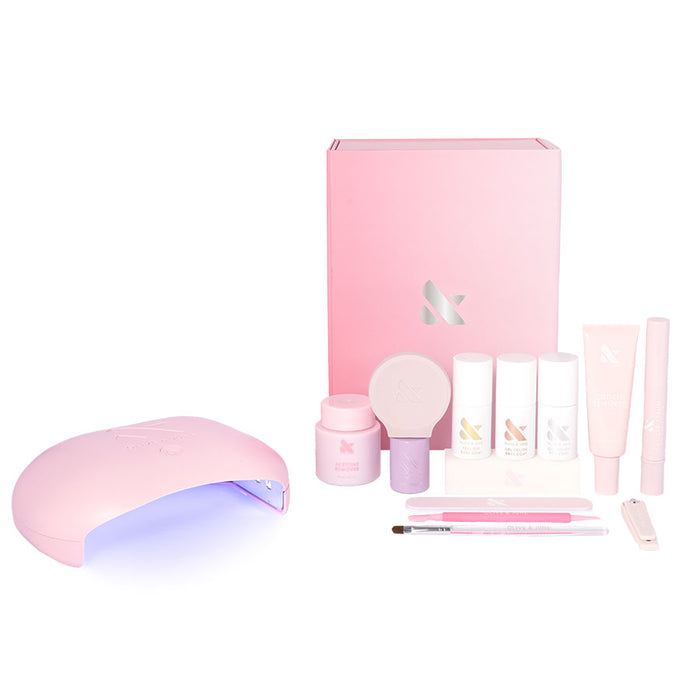 The Gel Mani System - 6 with pink UV lamp, nail care tools, base and top gel polishes, remover, and manicure brushes kit