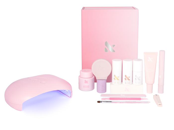 The Gel Mani System - 6 with pink LED lamp, gel polishes, manicure tools, and nail care products for at home use