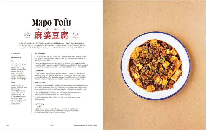 Cooking cookbook spread with Mapo Tofu recipe page and a bowl of the dish on right.
