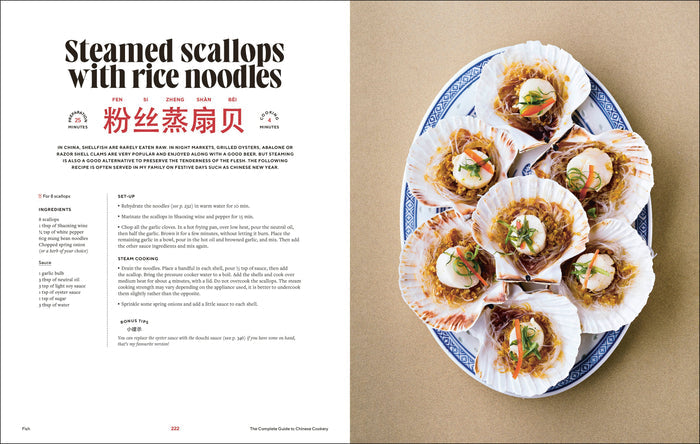 Cooking cookbook spread with steamed scallops with rice noodles recipe and plated scallops.