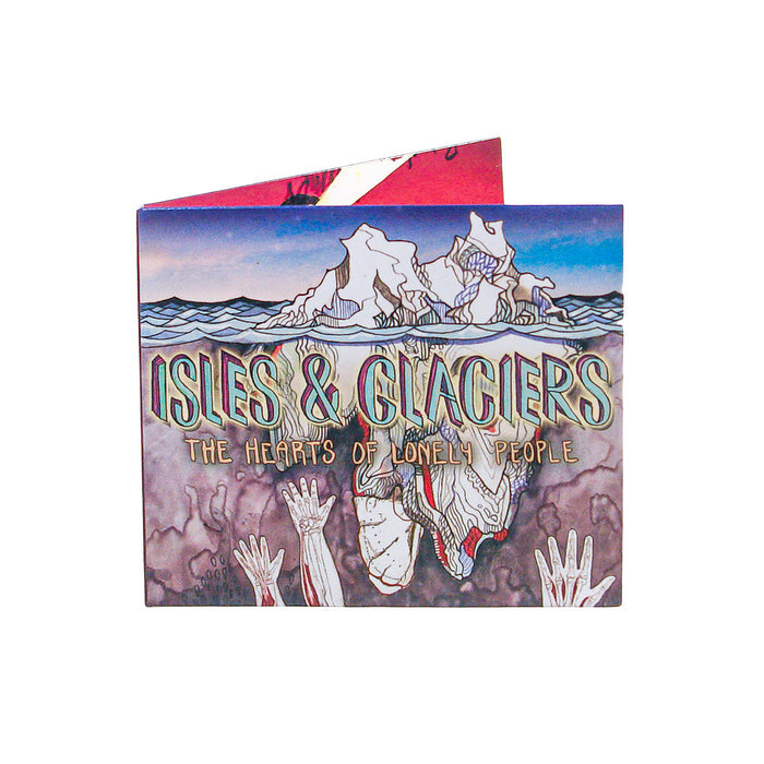 The CD cover for the Isles & Glaciers "Hearts Of Lonely People" CD features illustrated icebergs above water, skeletal hands reaching up, bold vibrant text, a glimpse of a red inner cover, and the track list shown on the digipak.