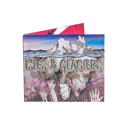The CD cover for the Isles & Glaciers "Hearts Of Lonely People" CD features illustrated icebergs above water, skeletal hands reaching up, bold vibrant text, a glimpse of a red inner cover, and the track list shown on the digipak.