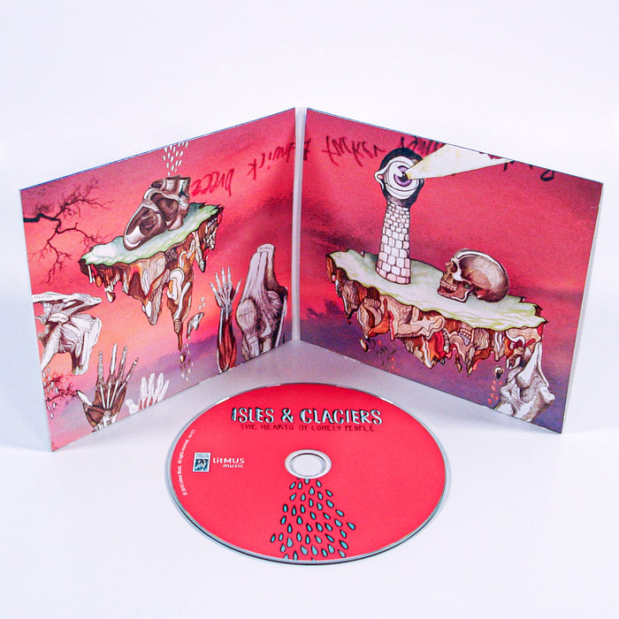 Opening the Isles & Glaciers CD digipak for "Hearts Of Lonely People" reveals surreal floating islands with hands, bones, and skulls. The CD shows a red background with blue raindrops, set beneath the track list.