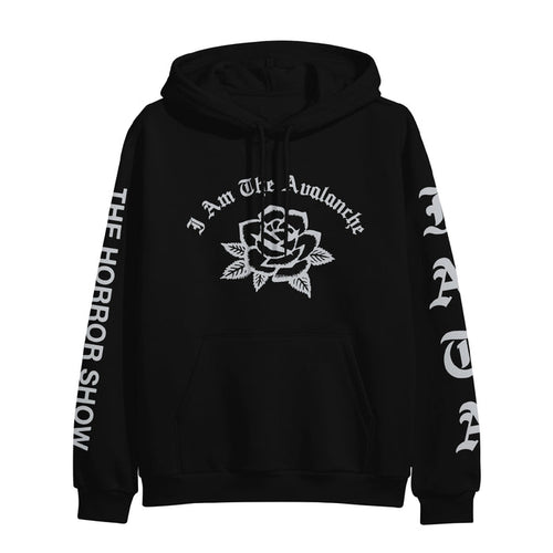 Black printed hoodie by I Am The Avalanche with white text and graphics. A rose and the band name appear on the chest, while bold custom lettering runs down each sleeve for a striking look.