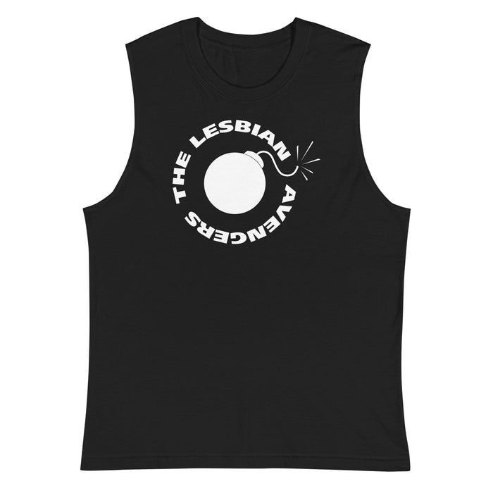 Black sleeveless t with white bomb and The Lesbian Avengers graphic