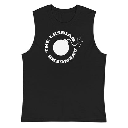 Black sleeveless t with white bomb and The Lesbian Avengers graphic